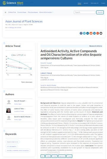 (Research Article( Antioxidant Activity, Active Compounds and Oil Characterization of in vitro Sequoia sempervirens Cultures