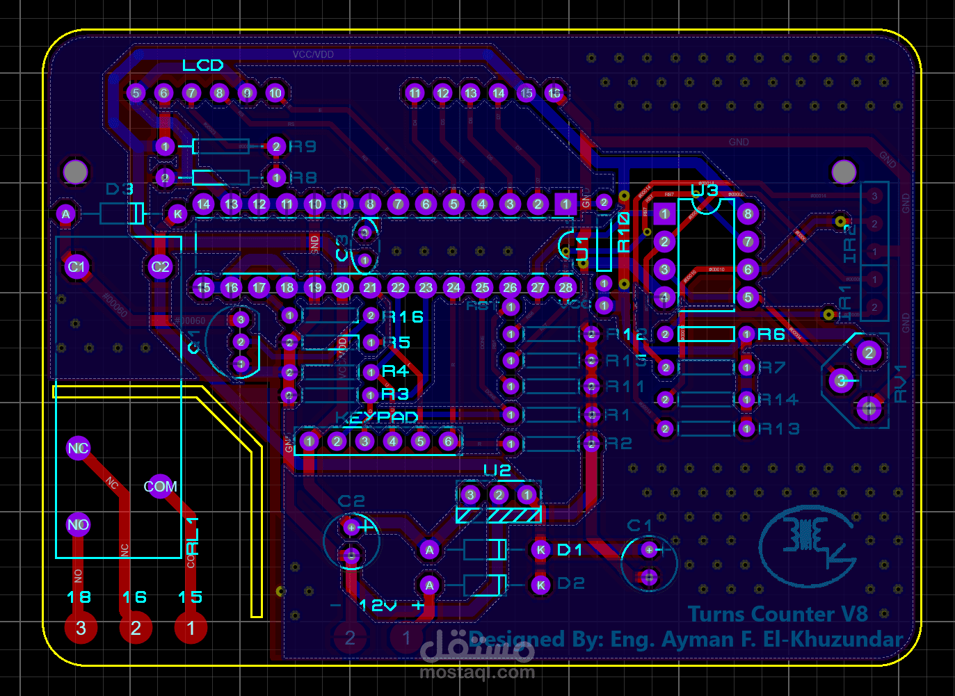 تصميم لوحة PCB خاصة بجهاز لحساب عدد اللفات لماكينة صناعية.