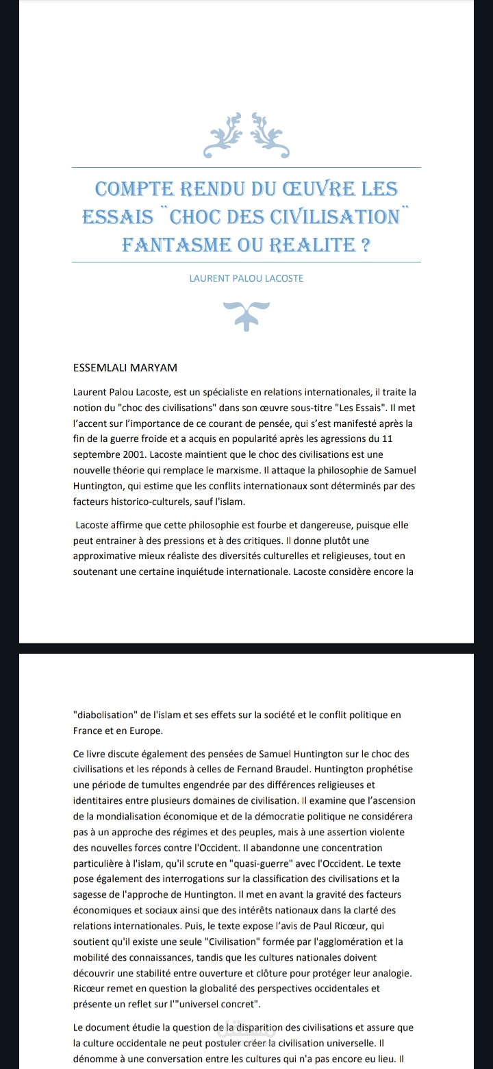 تلخيص لكتاب يتكلم عن صراع الثقافات باللغة الفرنسية