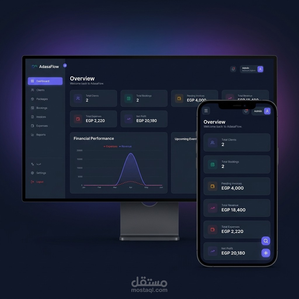 AdasaFlow - نظام متكامل لإدارة استوديوهات التصوير الفوتوغرافي (SaaS)