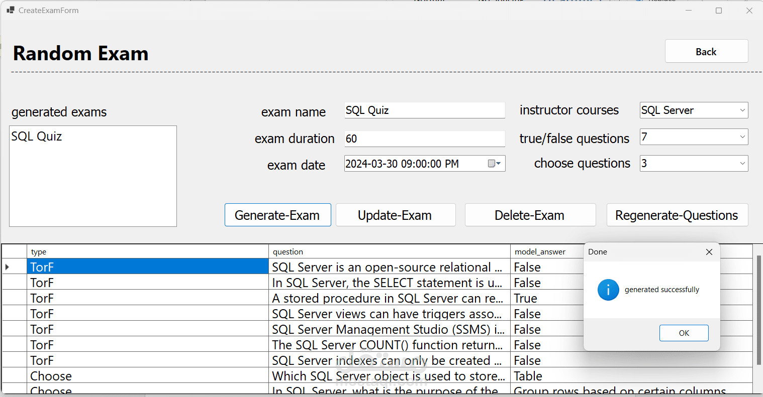 نظام إدارة الامتحانات والتقارير الطلابية تطبيق ديسكتوب باستخدام SQL Server, Entity Framework, LINQ, C#
