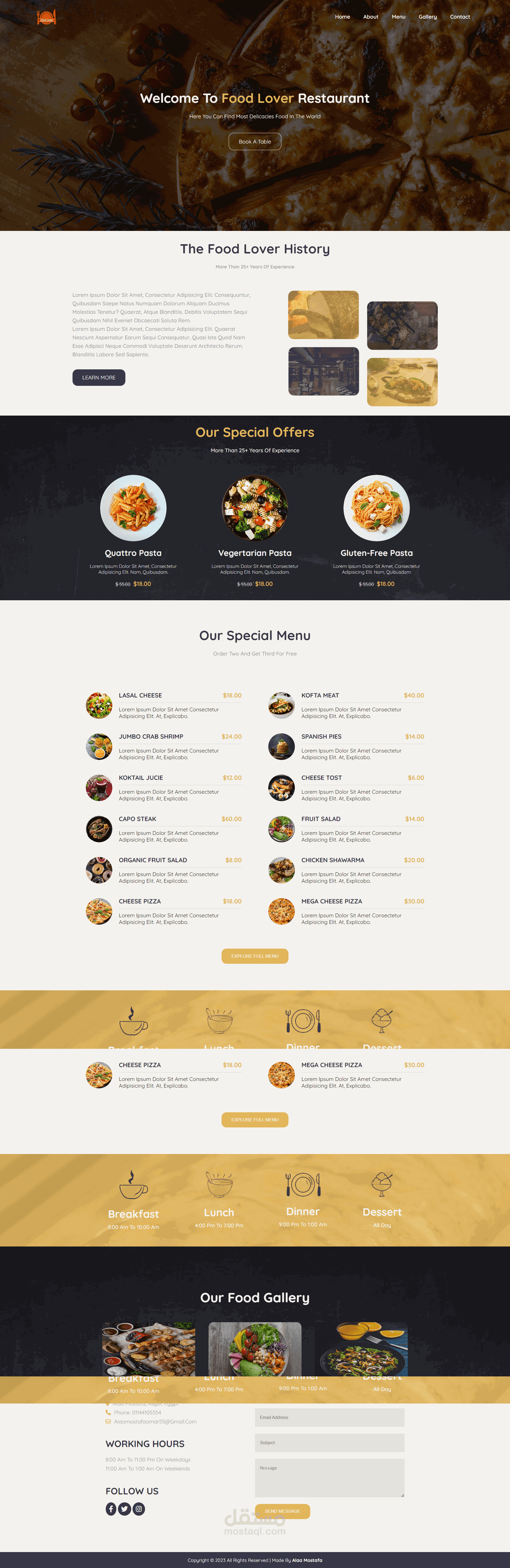 تطوير موقع إلكتروني لمطعم Food Lover - تصميم جذاب وتفاعلي يعرض قائمة الطعام والعروض الخاصة.