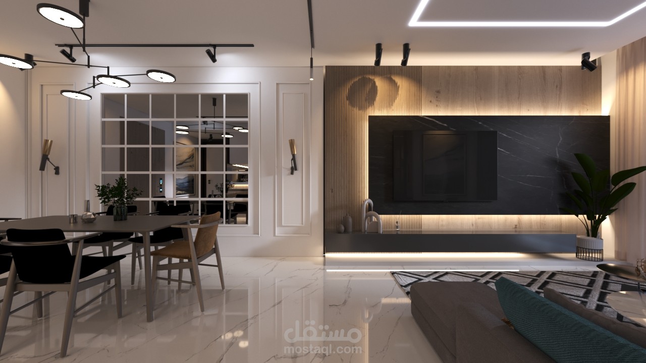 تصميم داخلي لصالة معيشة وطعام مزيج بين المودرن والكلاسيك