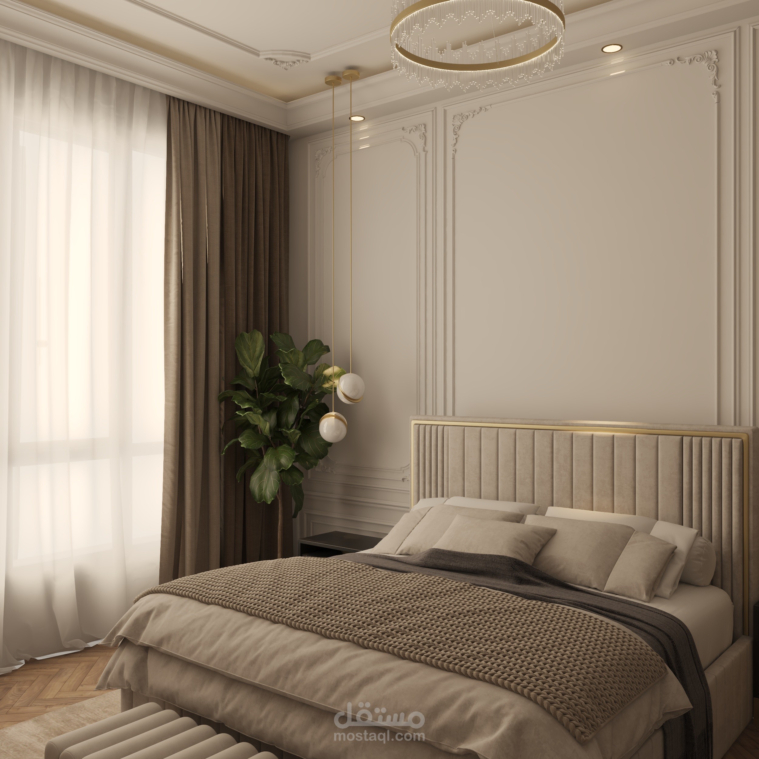 تصميم داخلي لغرفة نوم بالوان هادية