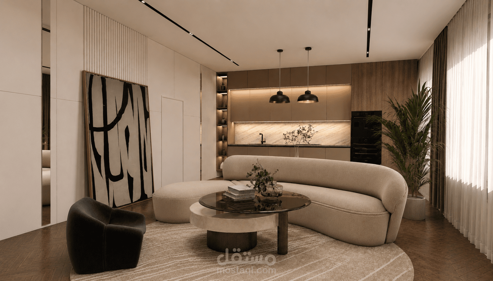 تصميم داخلي لغرفة معيشة على الطراز المعاصر بالوان محايدة