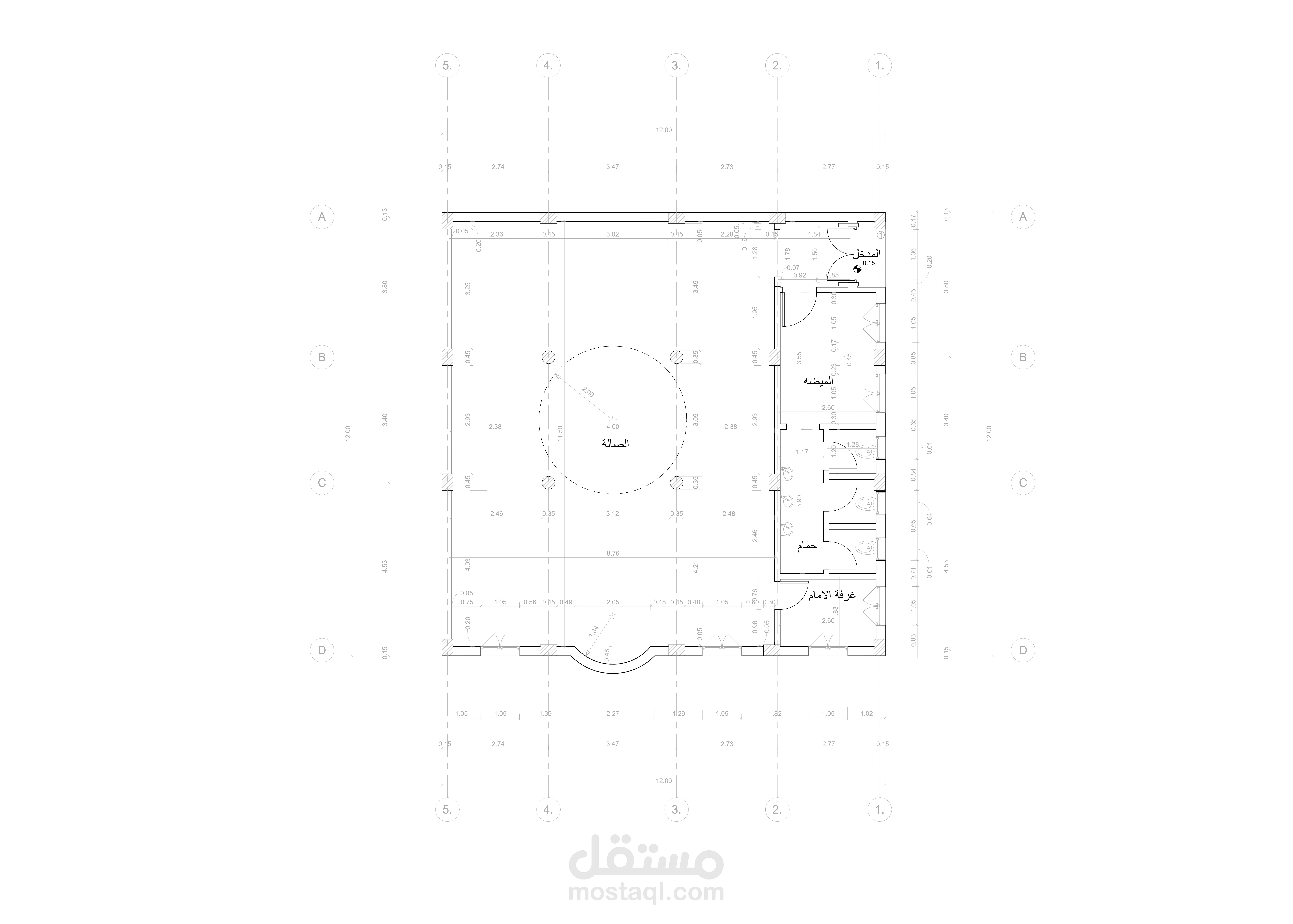 تصميم مسجد صغير مع فراغات خدمية