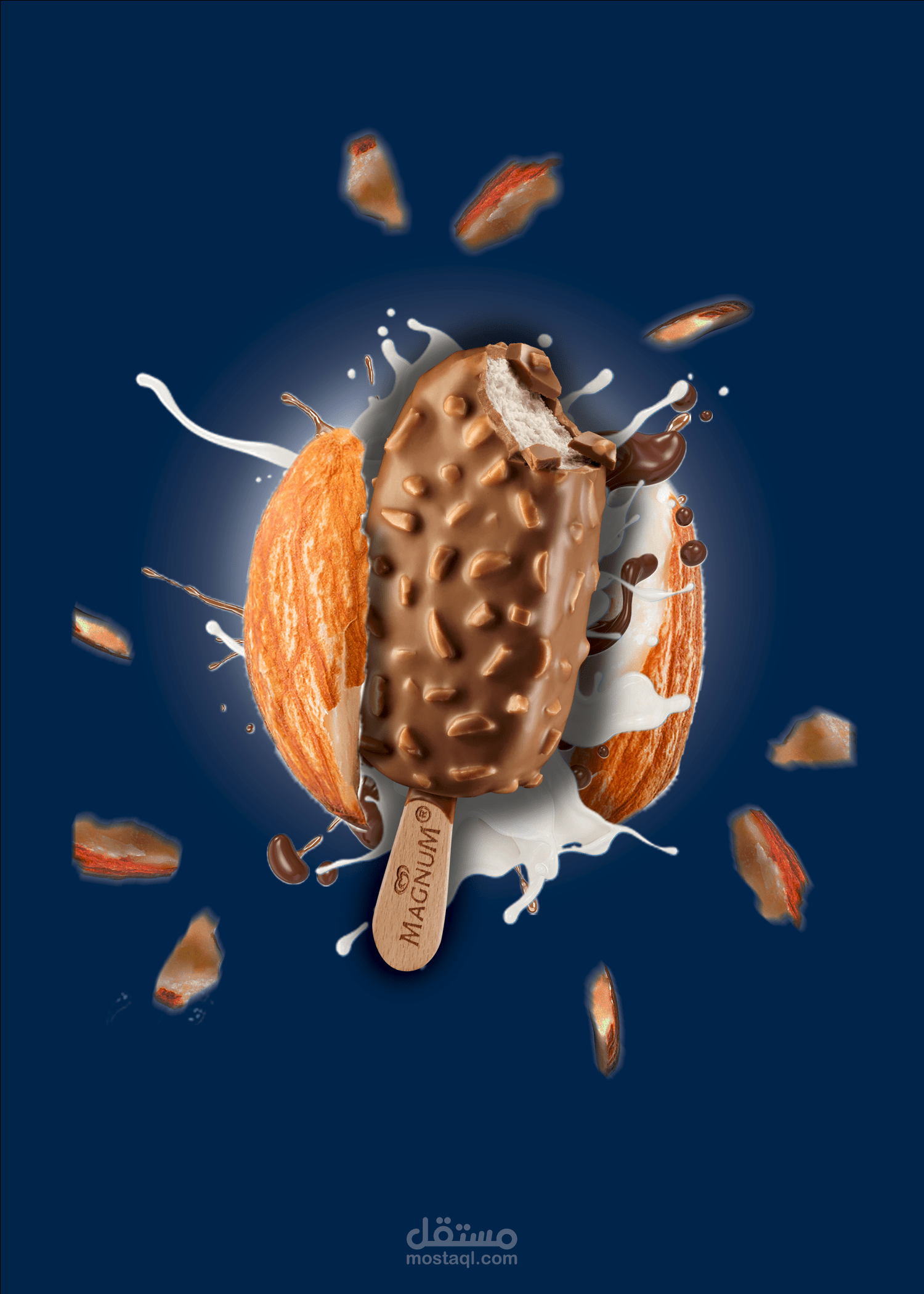 تصميم إعلاني احترافي لمنتج آيس كريم Magnum باستخدام Photoshop — تأثيرات واقعية وحركة بصريّة