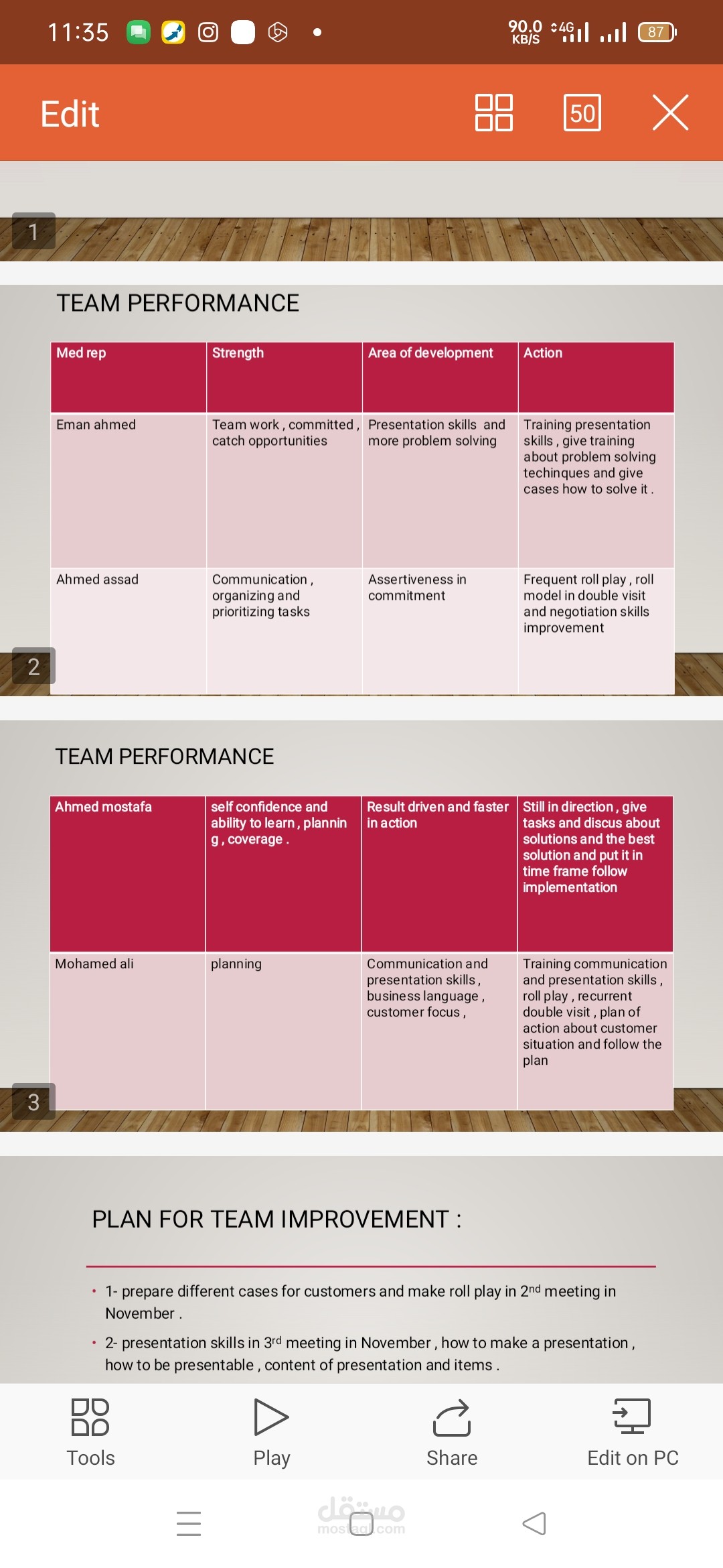 Developmental plan for a team