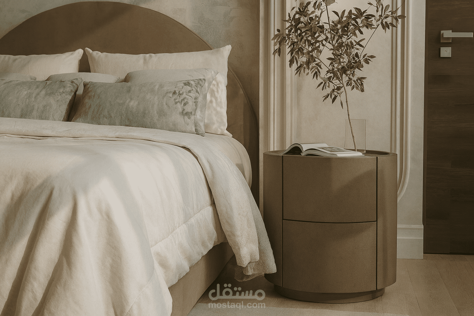 تصميم داخلي لغرفة نوم بطابع دافئ وواقعي