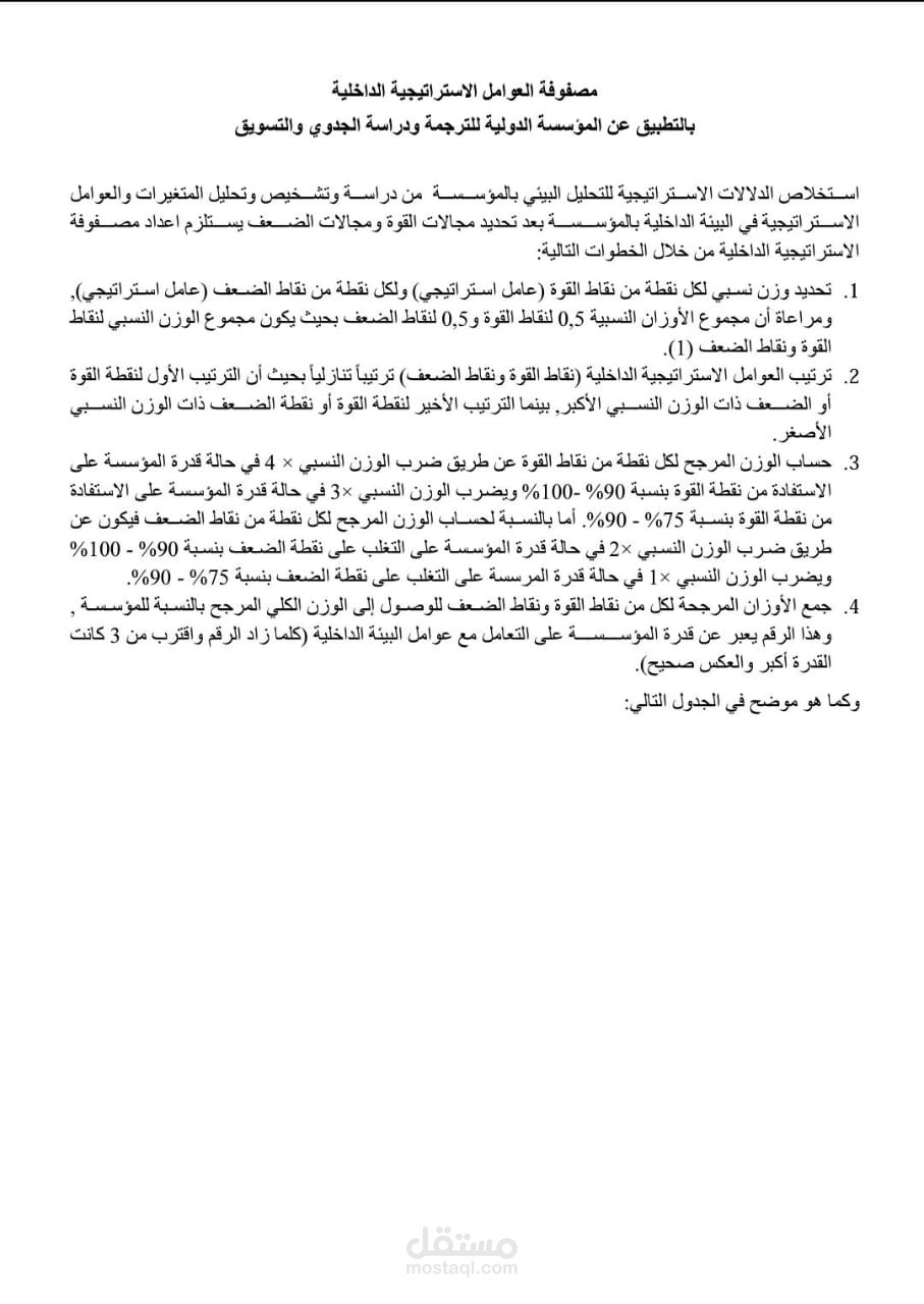 تقديم بحث عن  مصفوفة العوامل الاستراتيجية الداخلية   بالتطبيق عن المؤسسة الدولية للترجمة ودراسة الجدوي والتسويق