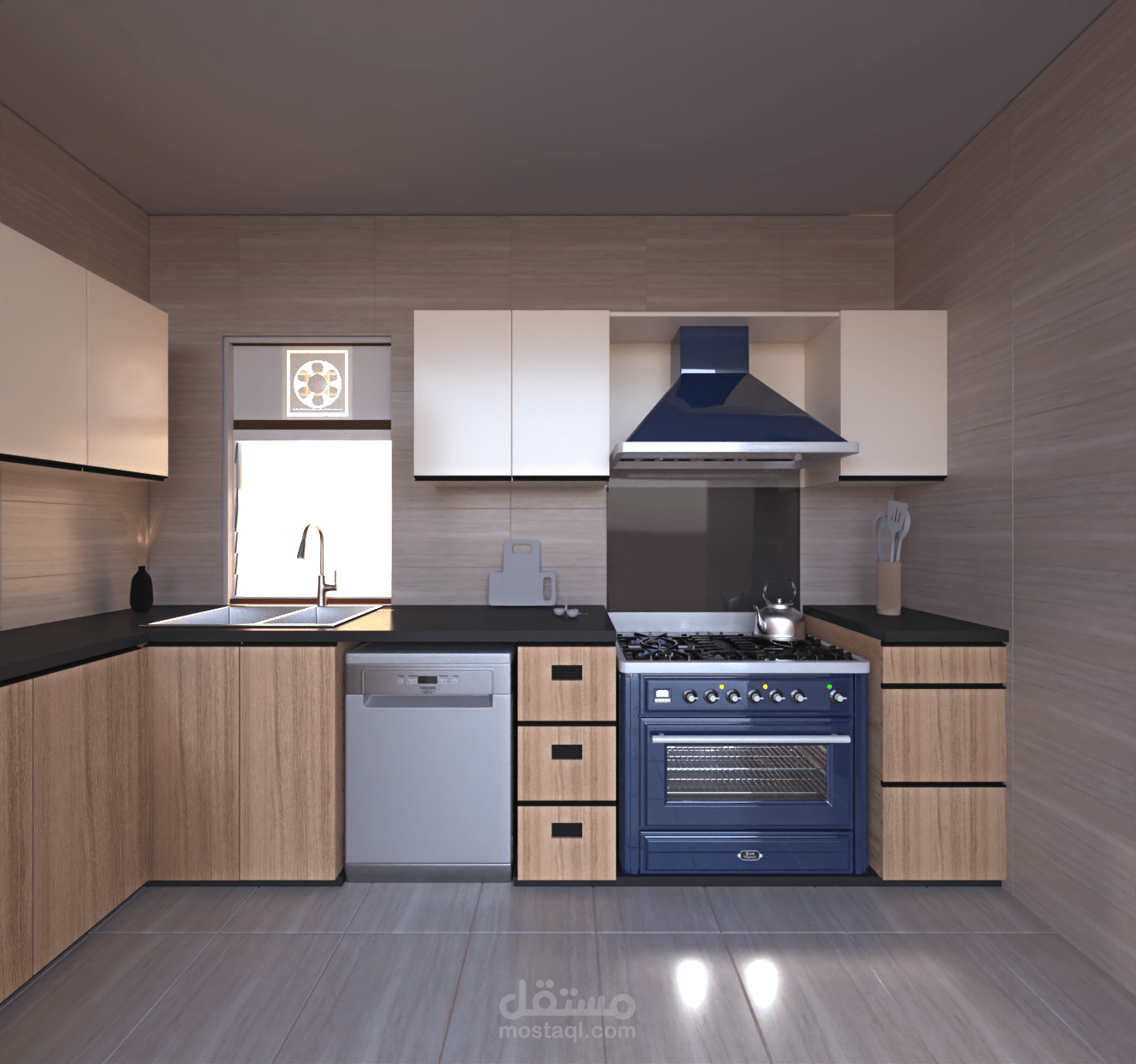 تصميم مطبخ عصري بتوزيع عملي ومساحات تخزين ذكية