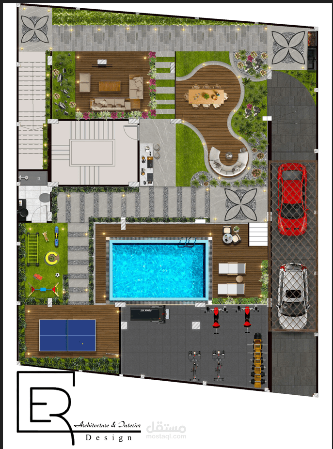 تصميم لاندسكيب و بدروم لحديقة سكنية متكاملة