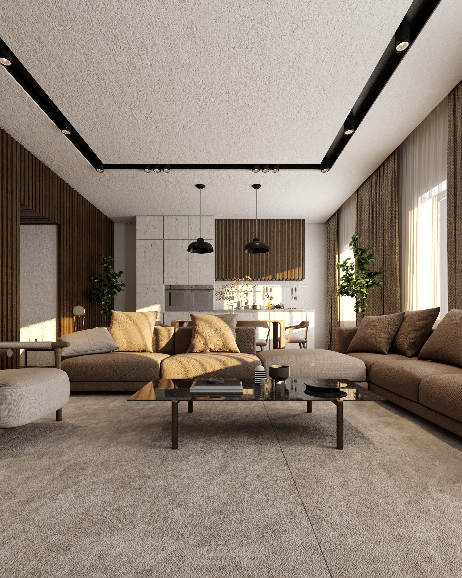 تصميم داخلي لاستديو بماسحة 40m مؤلف من (غرفة معيشة + مطبخ امريكي +حمام)