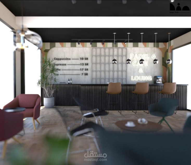 تصميم كافيه ومنطقة انتظار لملعب بادل padel club