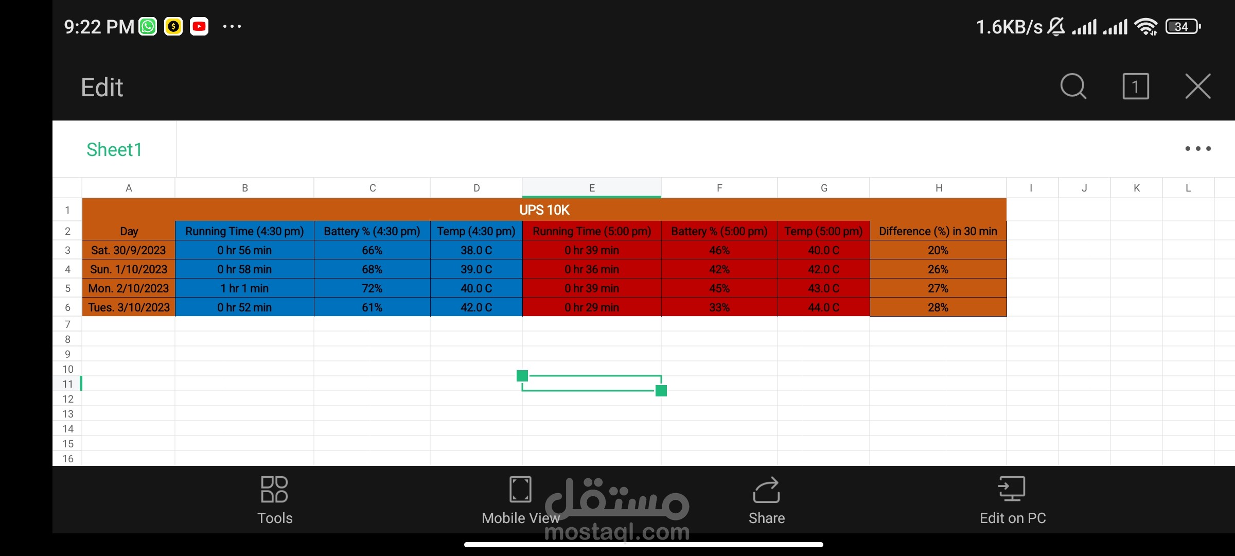 Ups runing time using Excel