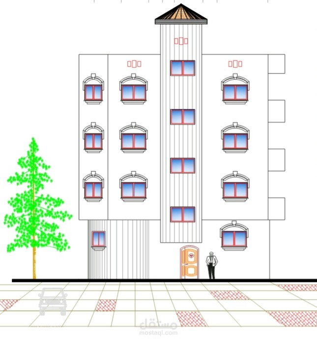 تصميم معماري وهندسي متكامل لعمارة سكنية متعددة الطوابق - (المسقط الأفقي، الواجهات، الجداول)