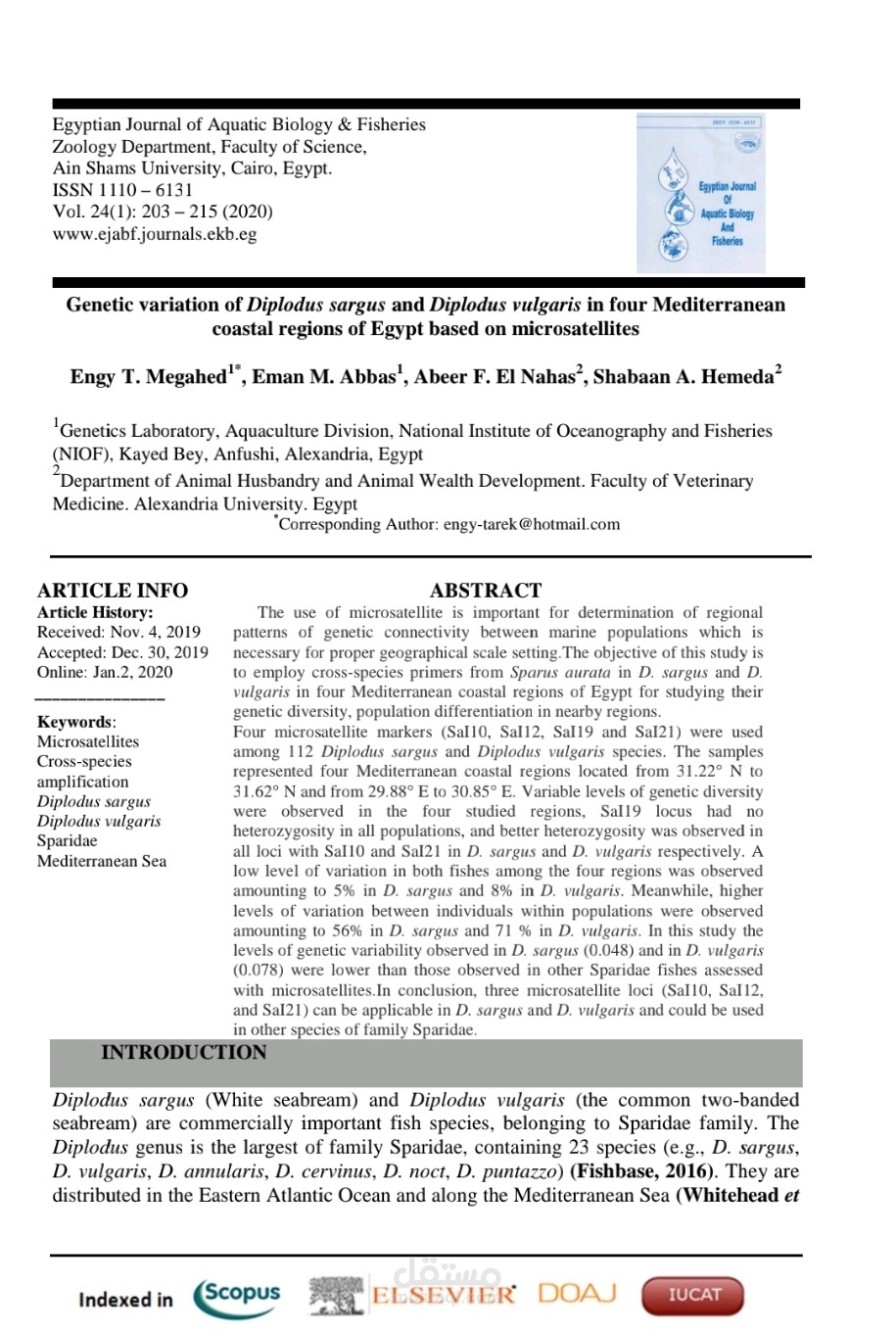 Genetic variation of Diplodus sargus and Diplodus vulgaris in four Mediterranean coastal regions of Egypt based on microsatellites