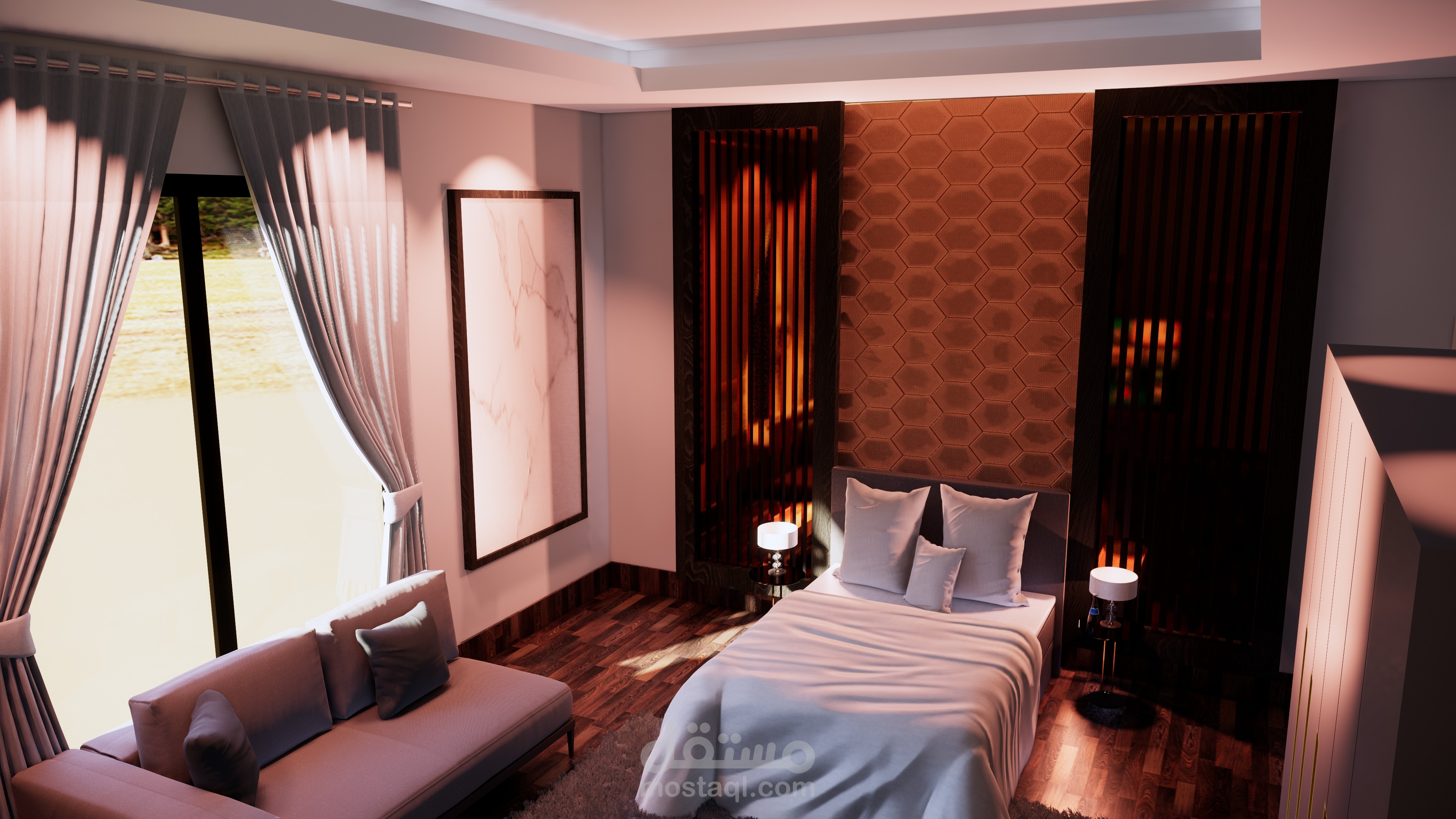 غرفة نوم تصميم داخلي مع مناضير داخلية