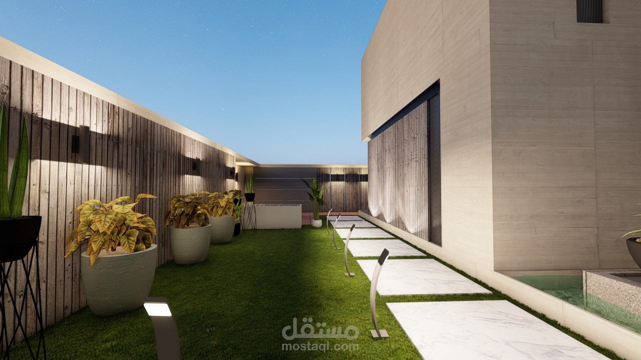 تصميم حديقة منزل مع واجهة معمارية للمنزل