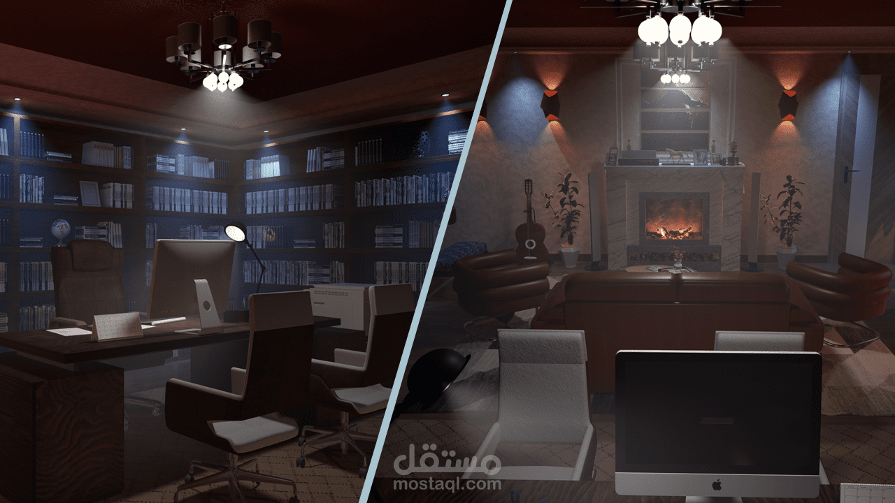 تصميم 3D لمكتب مع مدفأة: رؤية سينيمائية