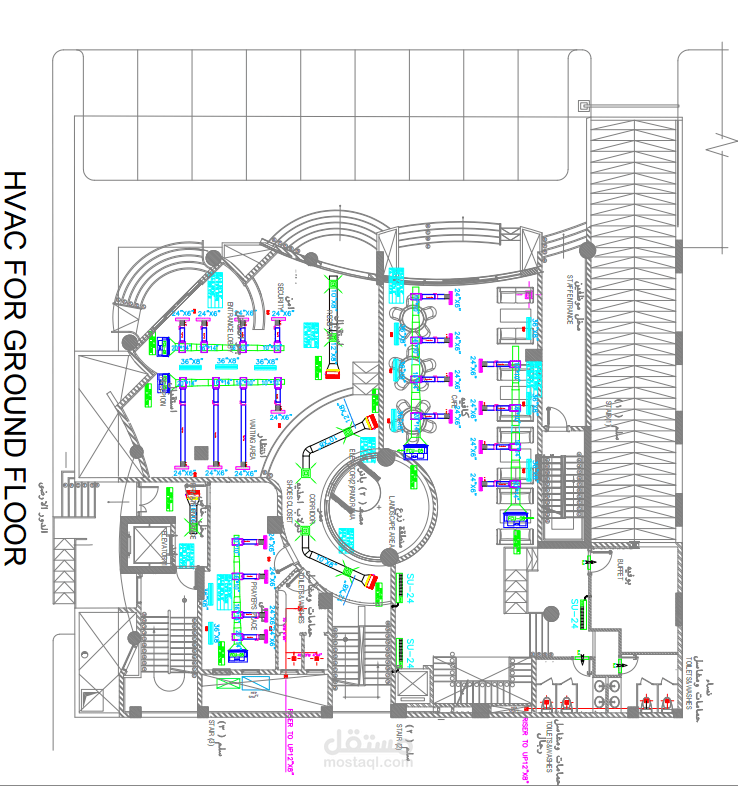رسم وتنسيق مخطط أنظمة التكييف والتهوية (HVAC) لمبنى إداري على AutoCAD