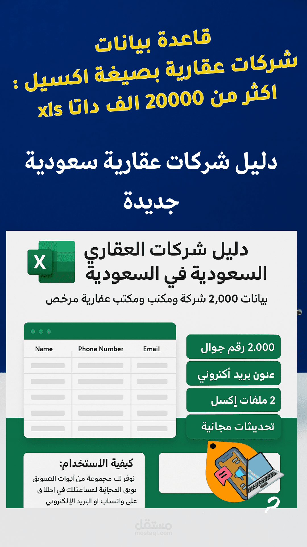 بناء قاعدة بيانات لشركات العقارات في الخليج (أكثر من 2000جهة اتصال).