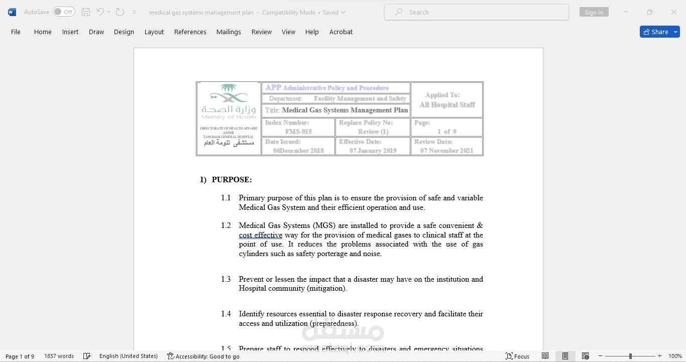 medical gas systems management plan
