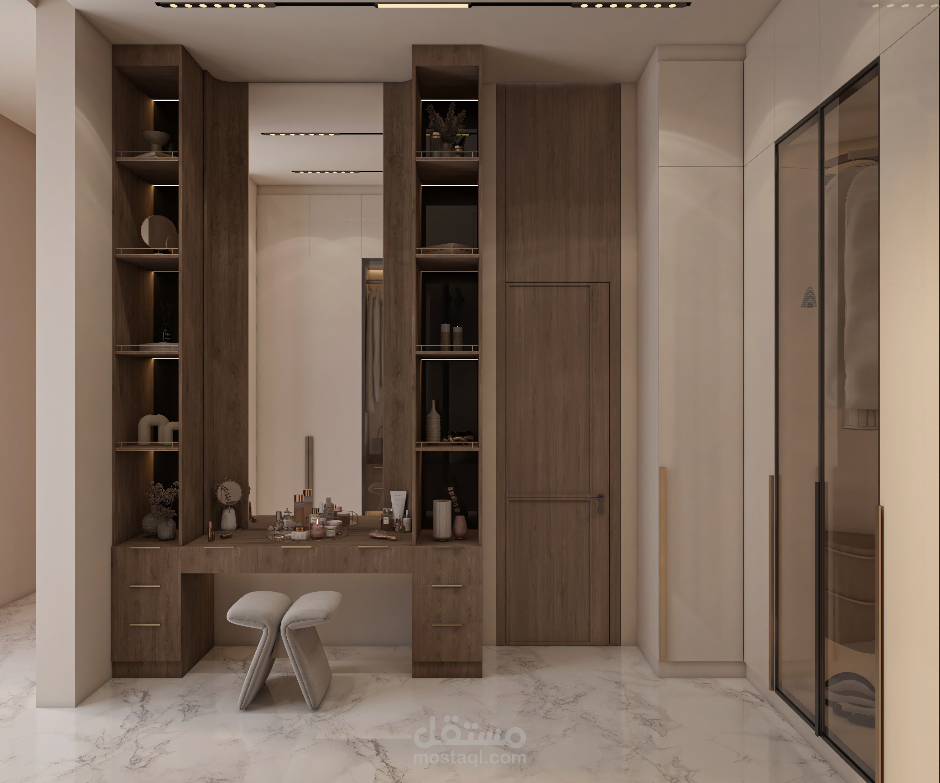 تصميم غرفة دريسنغ عصرية مع طاولة تسريحة وإظهار ثلاثي الأبعاد (Modern Dressing Room Interior Design & 3D Visualization