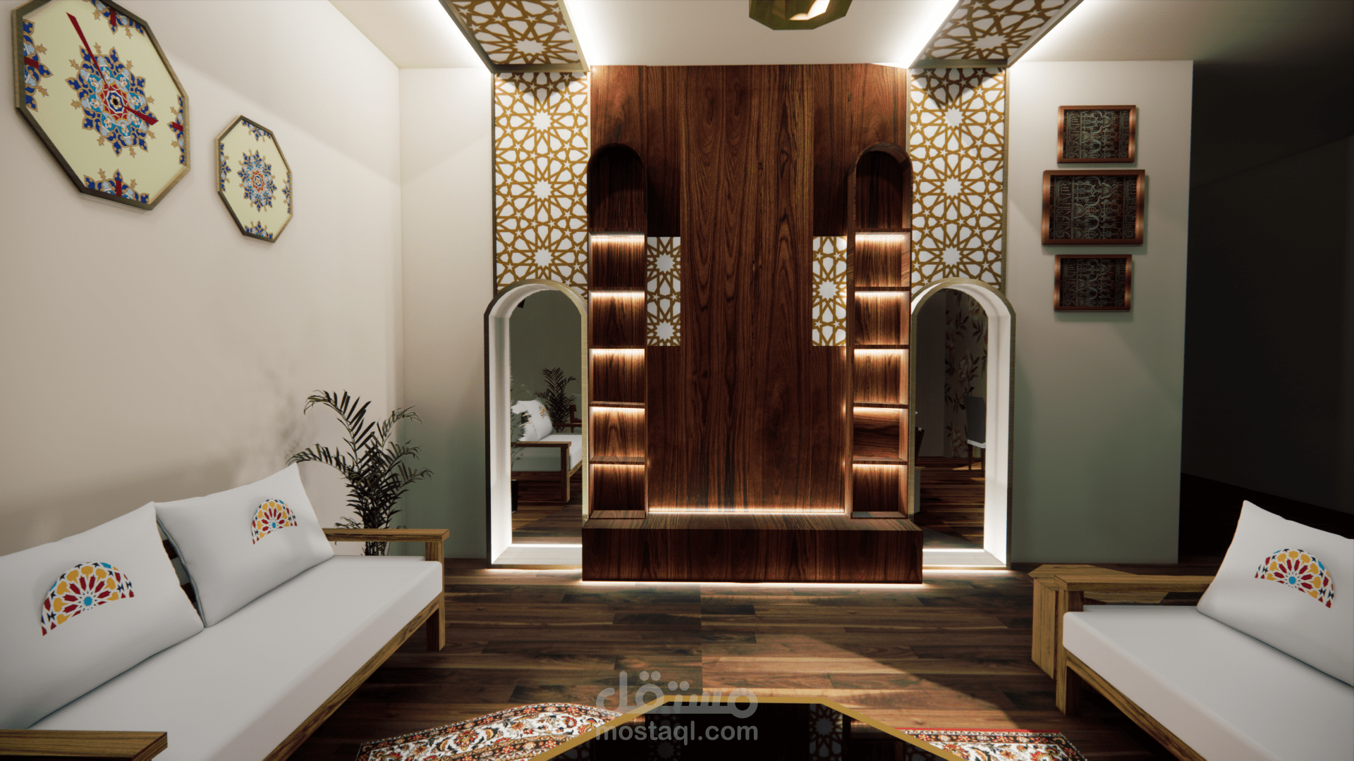 تصميم حائط للتلفاز طراز اسلامي حديث