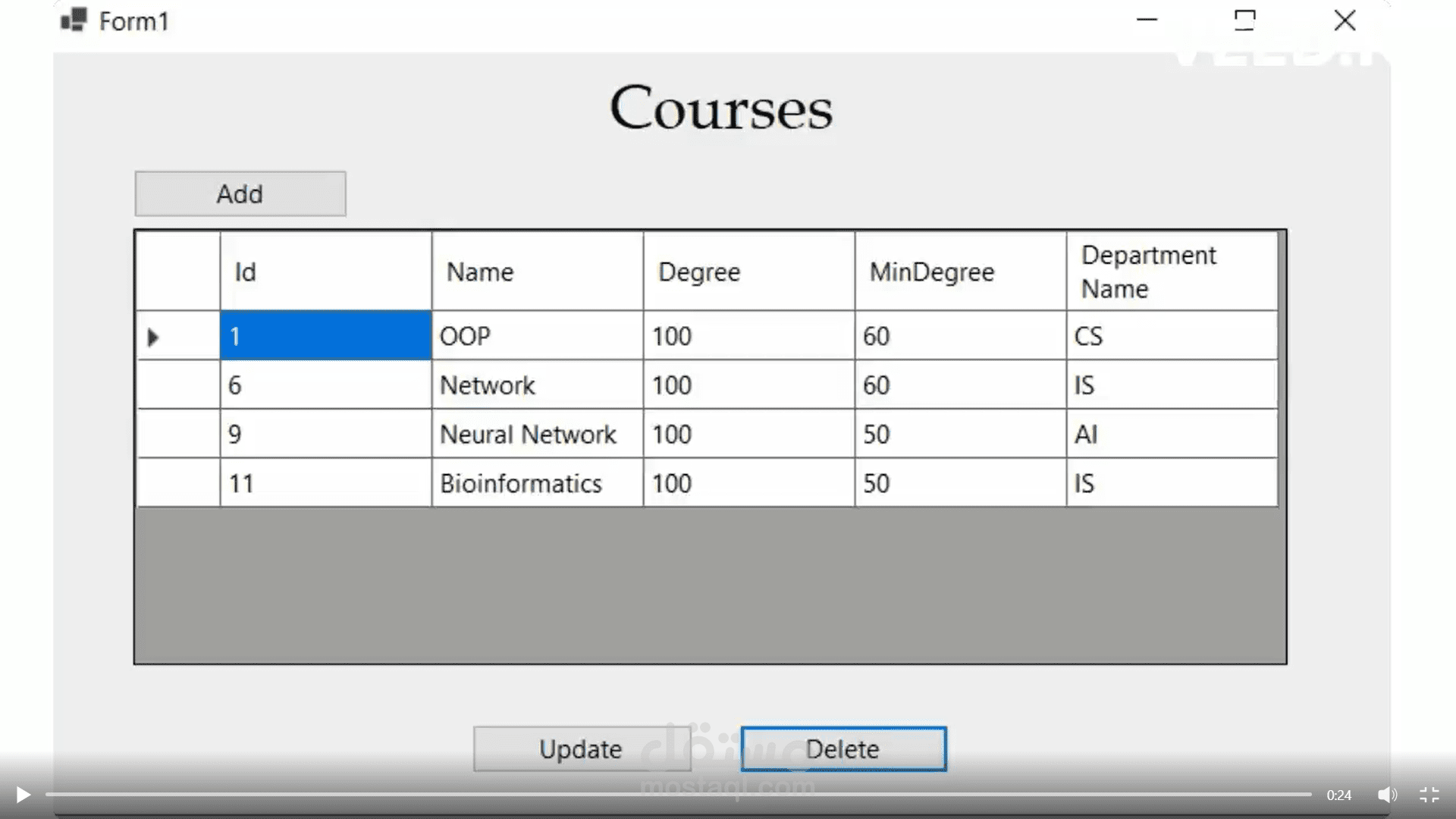 اضافة courses عن طريق windows application