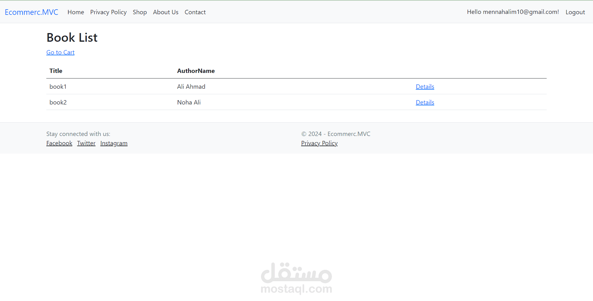 تطبيق لادارة الكتب (اضافة، حذف، تعديل، عرض التفاصيل) عن طريق موقع ويب MVC.