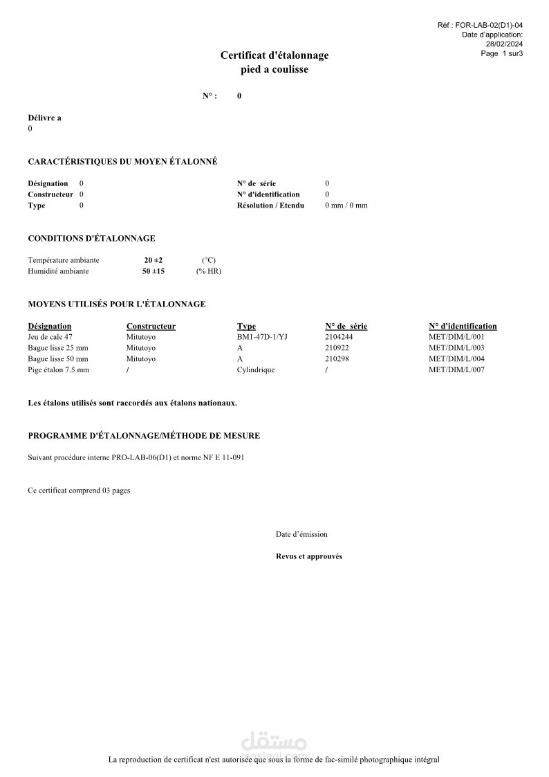 Certificat d'étalonnage