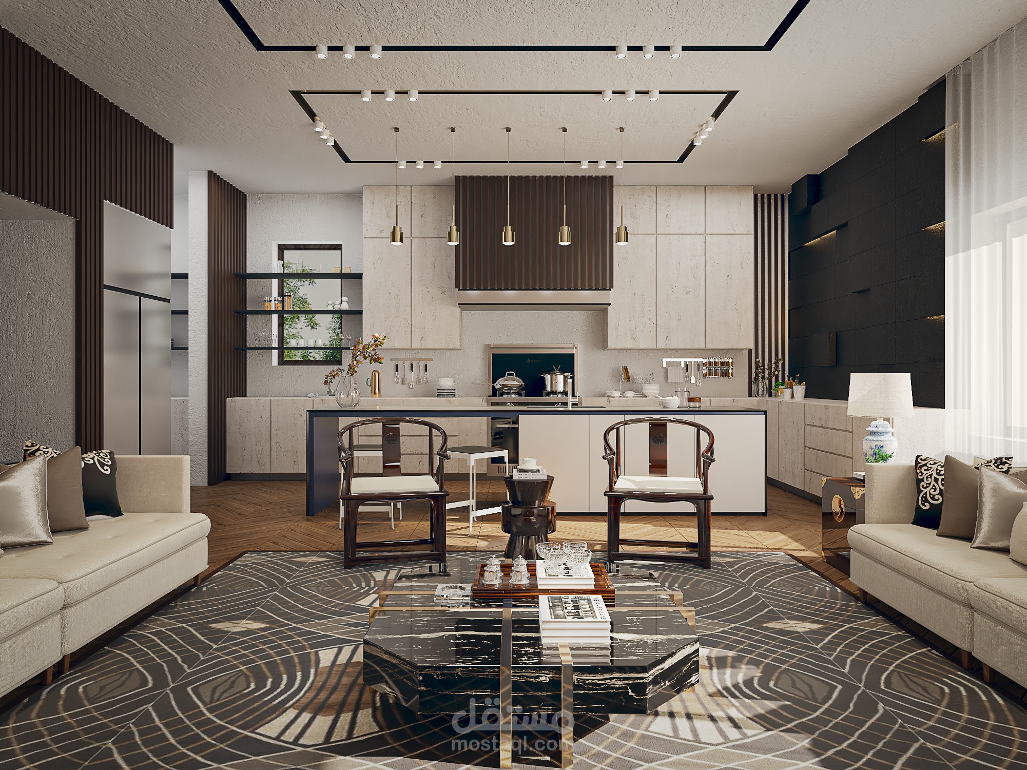 تصميم داخلي لفراغ معيشة متكامل بمطبخ مفتوح وغرفة مونة