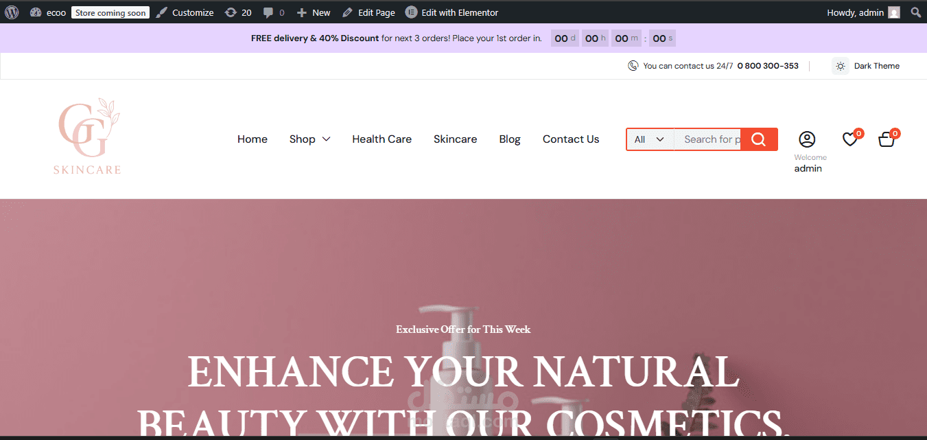 تصميم وتطوير موقع Skincare باستخدام WordPress وElementor