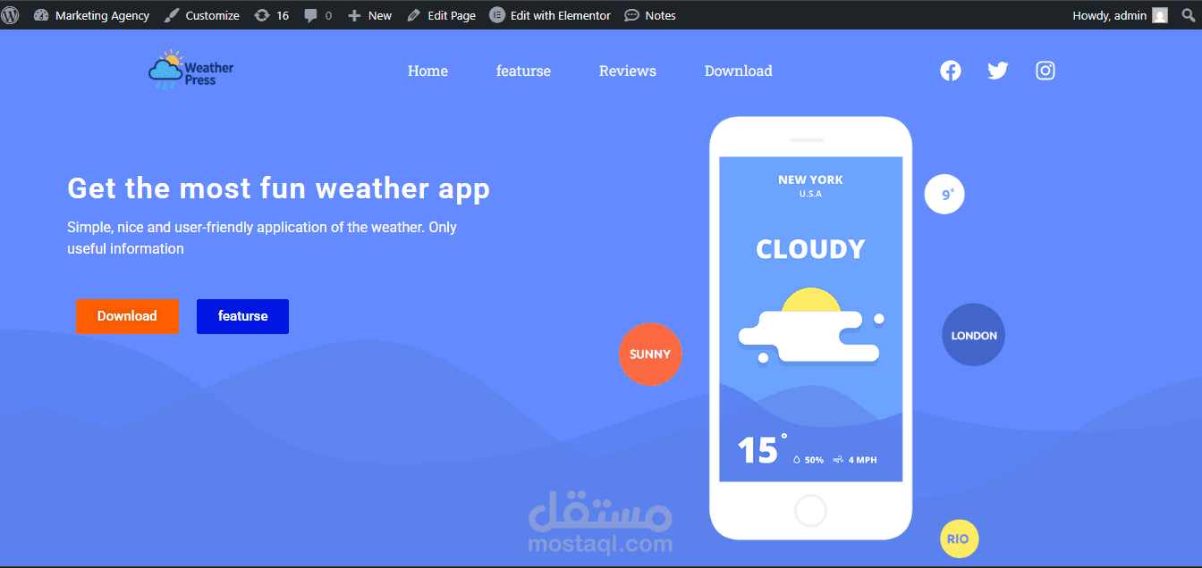 "تصميم موقع واجهة لتطبيق طقس باستخدام WordPress وElementor"