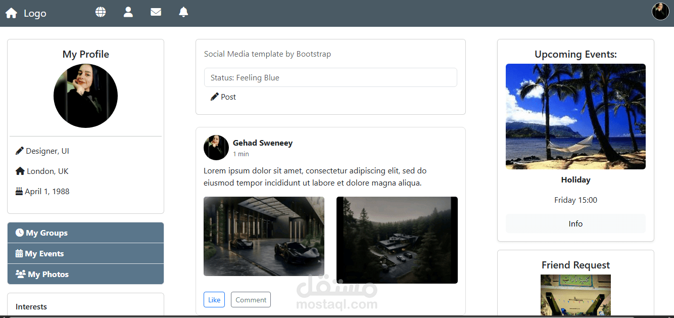 تصميم واجهة منصة تواصل اجتماعي باستخدام Bootstrap وHTML/CSS - متجاوبة (Responsive)