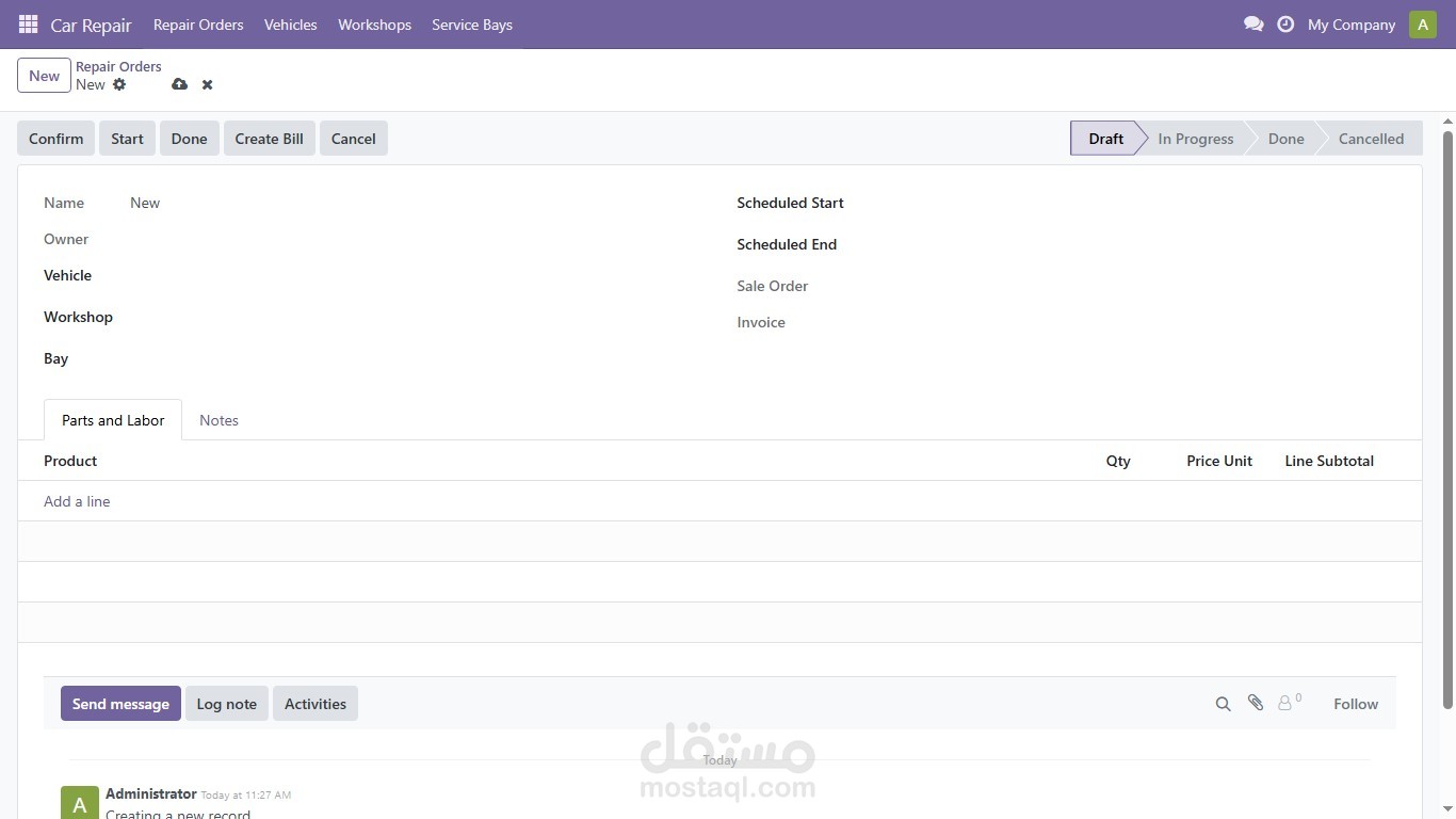 إدارة ورش صيانة السيارات على odoo