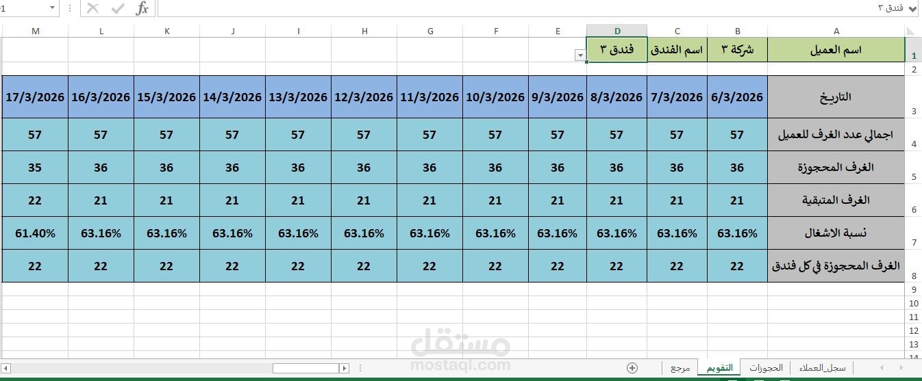 نظام إدارة ومتابعة حجوزات الفنادق ديناميكي بالكامل باستخدام Excel
