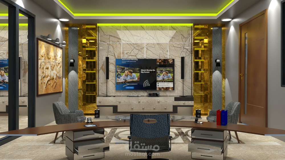 تصميم داخلي مكتب +جدار شاشة