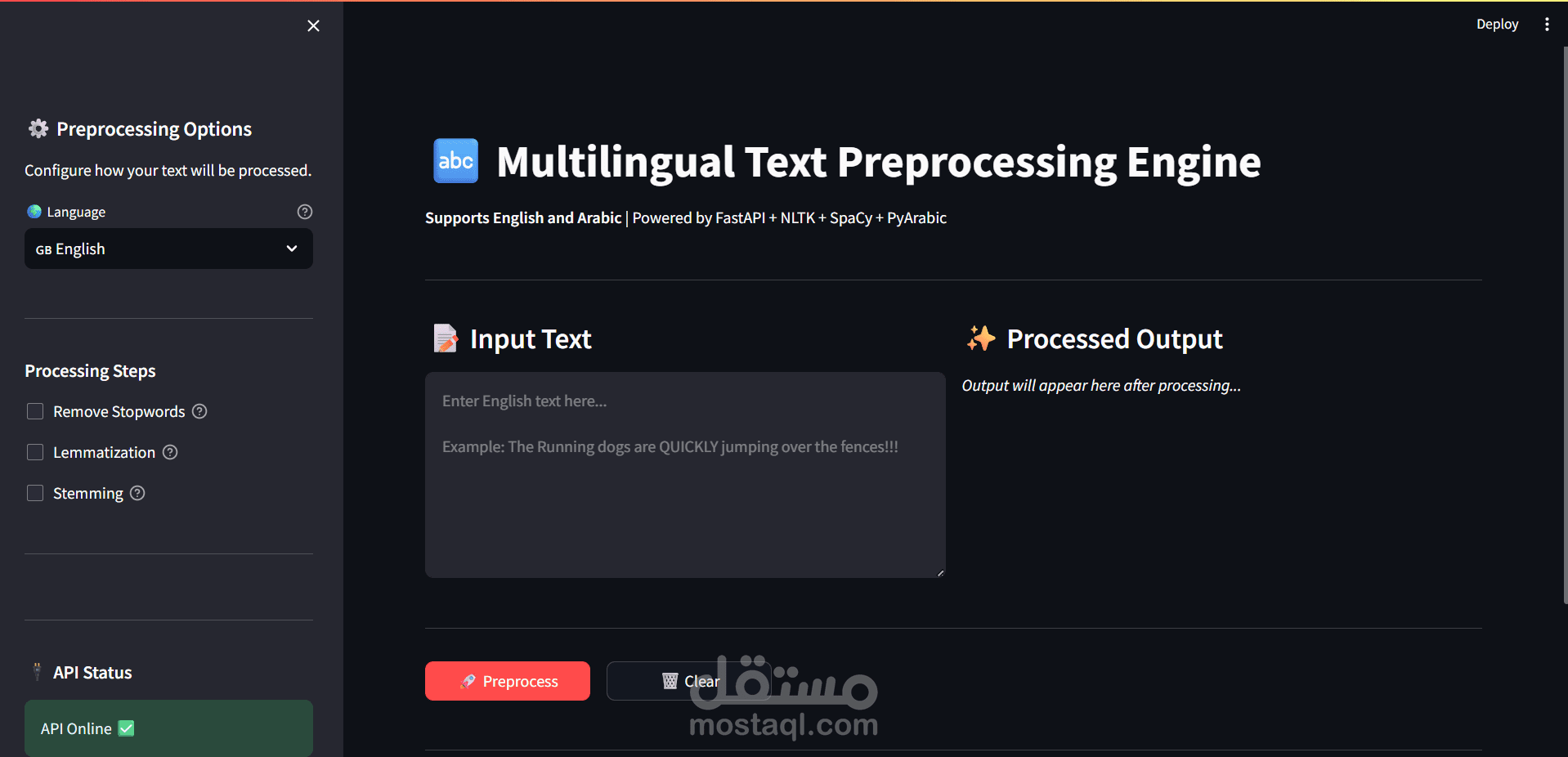 محرك معالجة النصوص متعدد اللغات (عربي/إنجليزي) — FastAPI + Docker