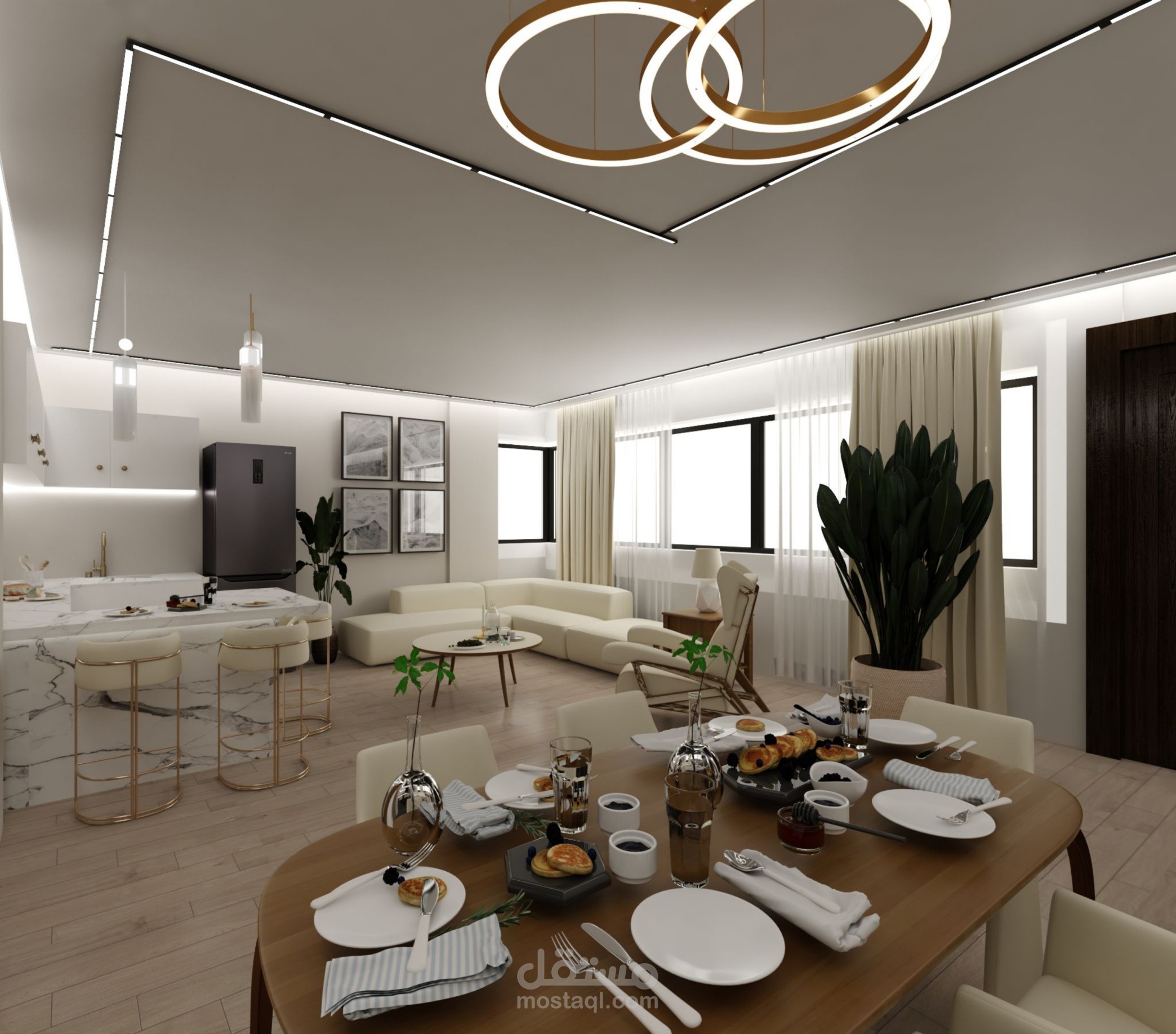 تصميم داخلي لغرفة معيشة مع المخططات التنفيذية لها في السعودية