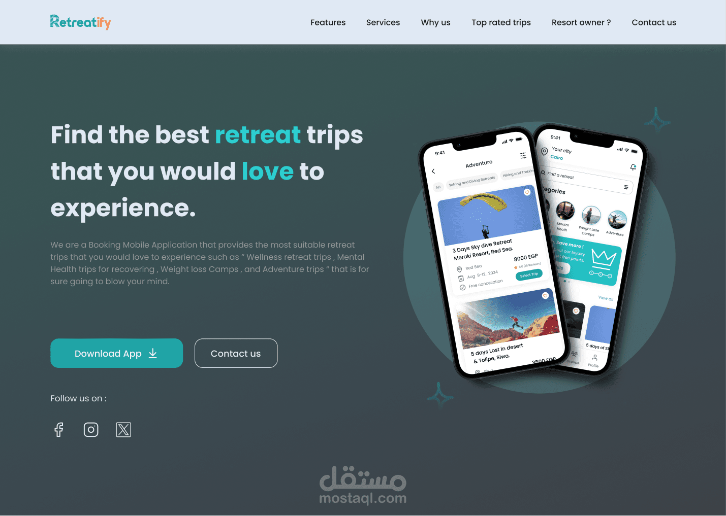 # تصميم صفحة هبوط : [ Retreatify Mobile app _ Booking retreat trips  ]