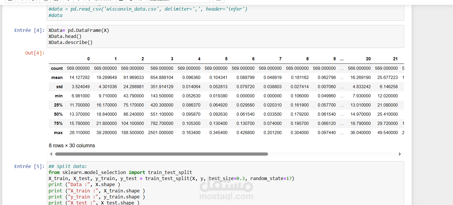 بناء نموذج باستخدام تصنيف البيانات وتقسيمها إلى بيانات تدريب واختبار لتوقع سرطان الثدي