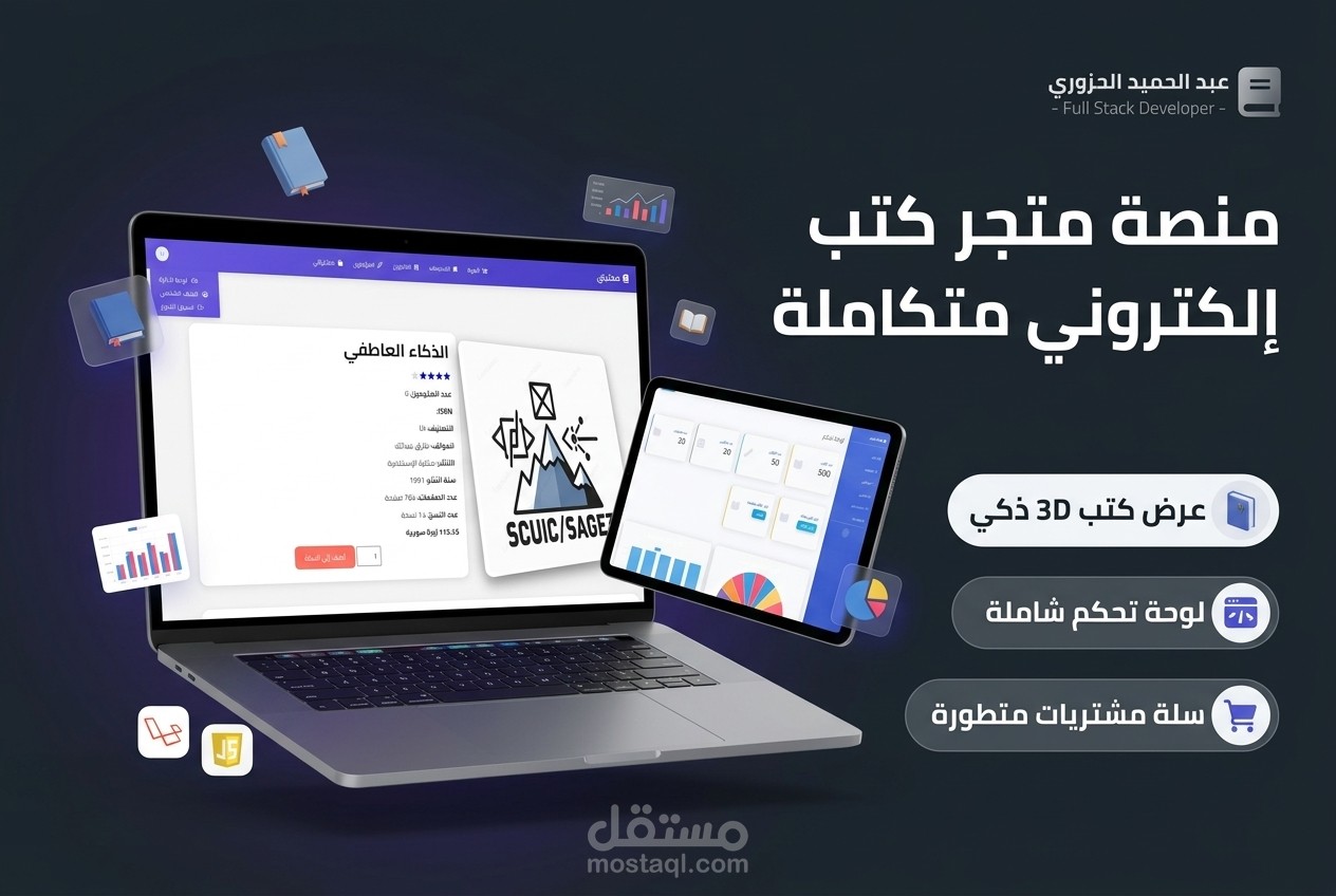 منصة ومتجر كتب إلكتروني متكامل (مع عرض غلاف 3D وسلة مشتريات)