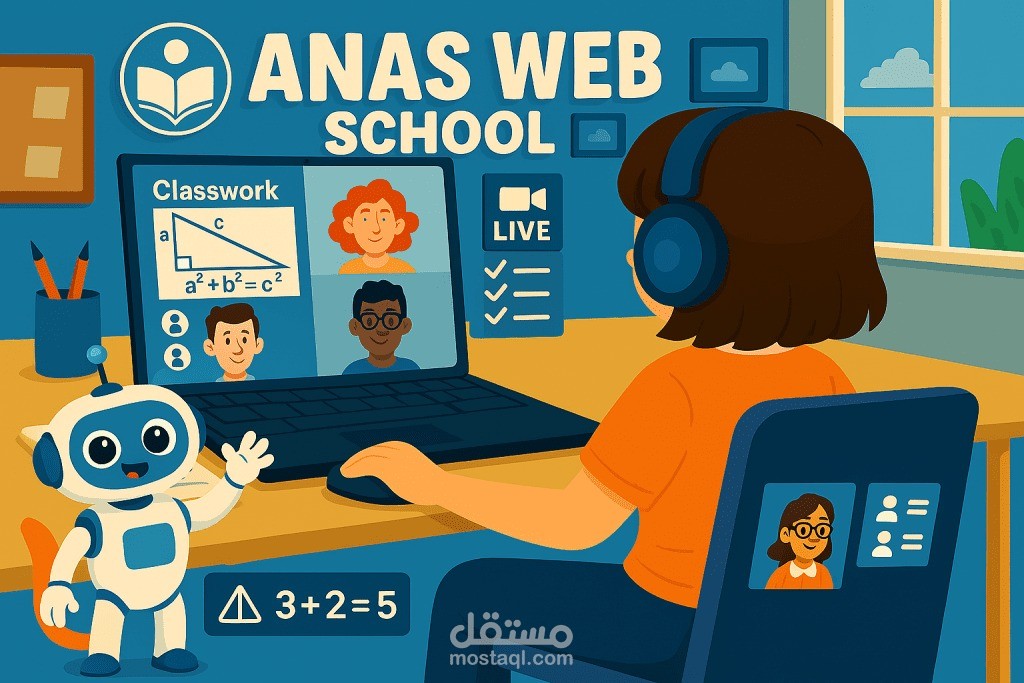 مدرسة إفتراضية بتقنية البث المباشر تعمل بآلية تعليمية متكاملة، بإستخدام الذكاء الإسطناعى تحتوي على الخصائص