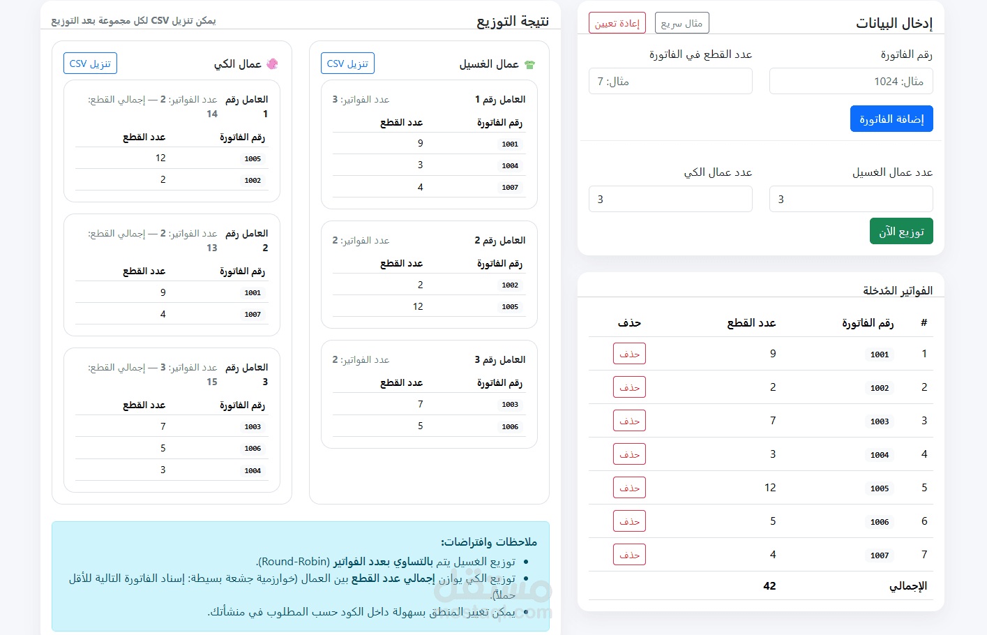 تطبيق ويب كامل (صفحة واحدة) بـ HTML + CSS + Bootstrap لتوزيع الفواتير على عمال المغسلة