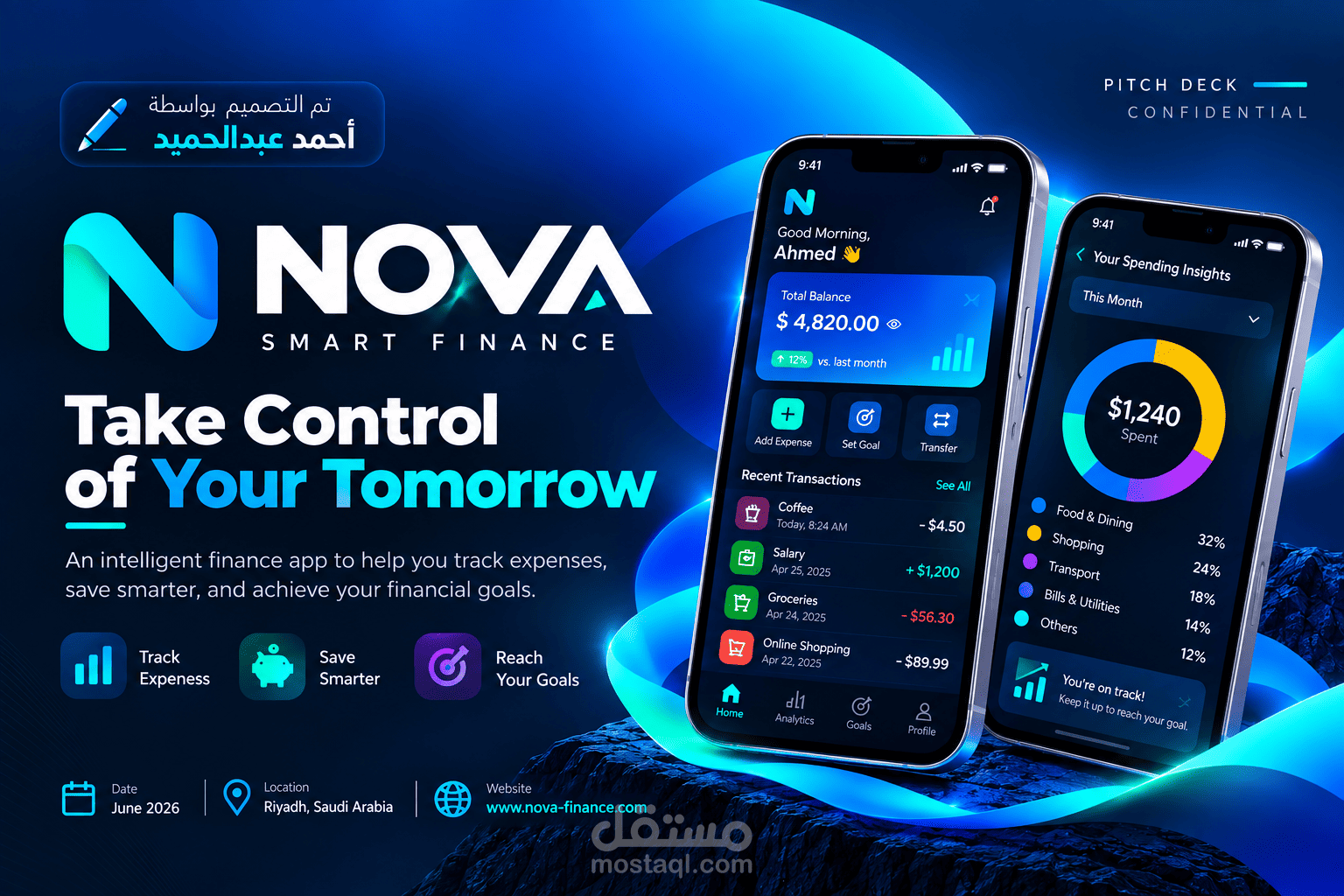 تصميم Business Pitch Deck احترافي لشركة FinTech ناشئة – NOVA Smart Finance
