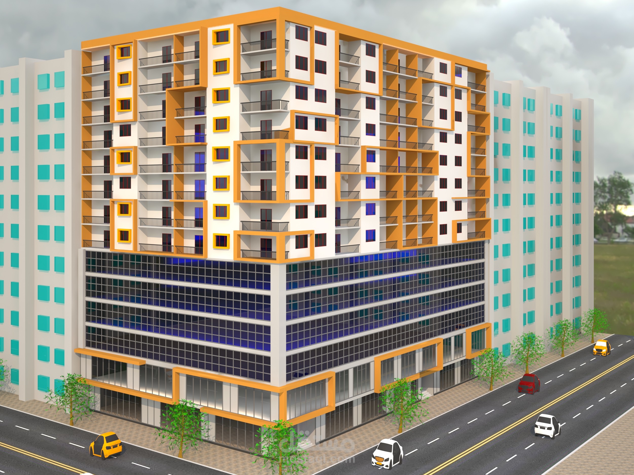 تصميم واجهة مشروع برج تجاري اداري سكني 3d