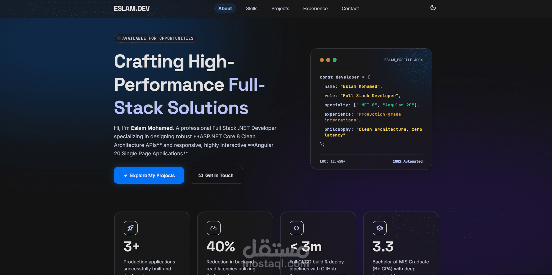معرض الأعمال الشخصي والهوية الرقمية (Developer Portfolio & Landing Page)
