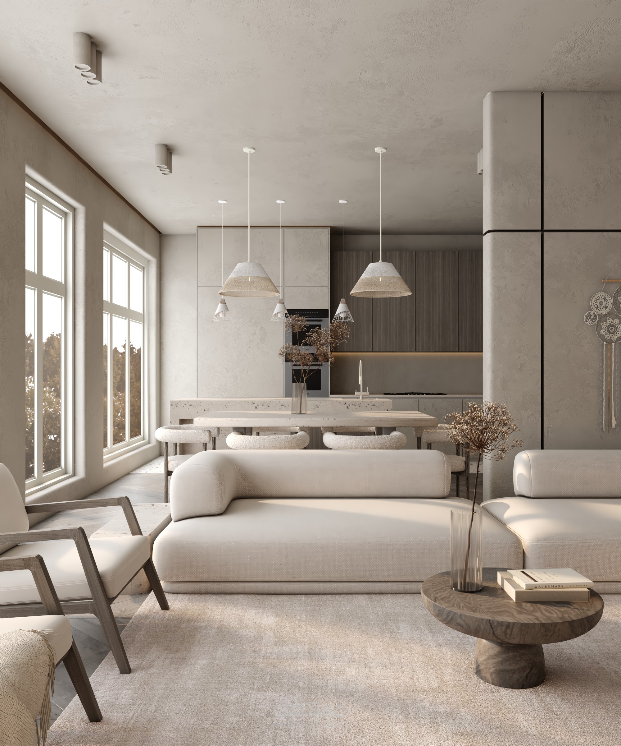 فراغ مفتوح يحتوي ركن طعام و بانتري  و غرفة جلوس